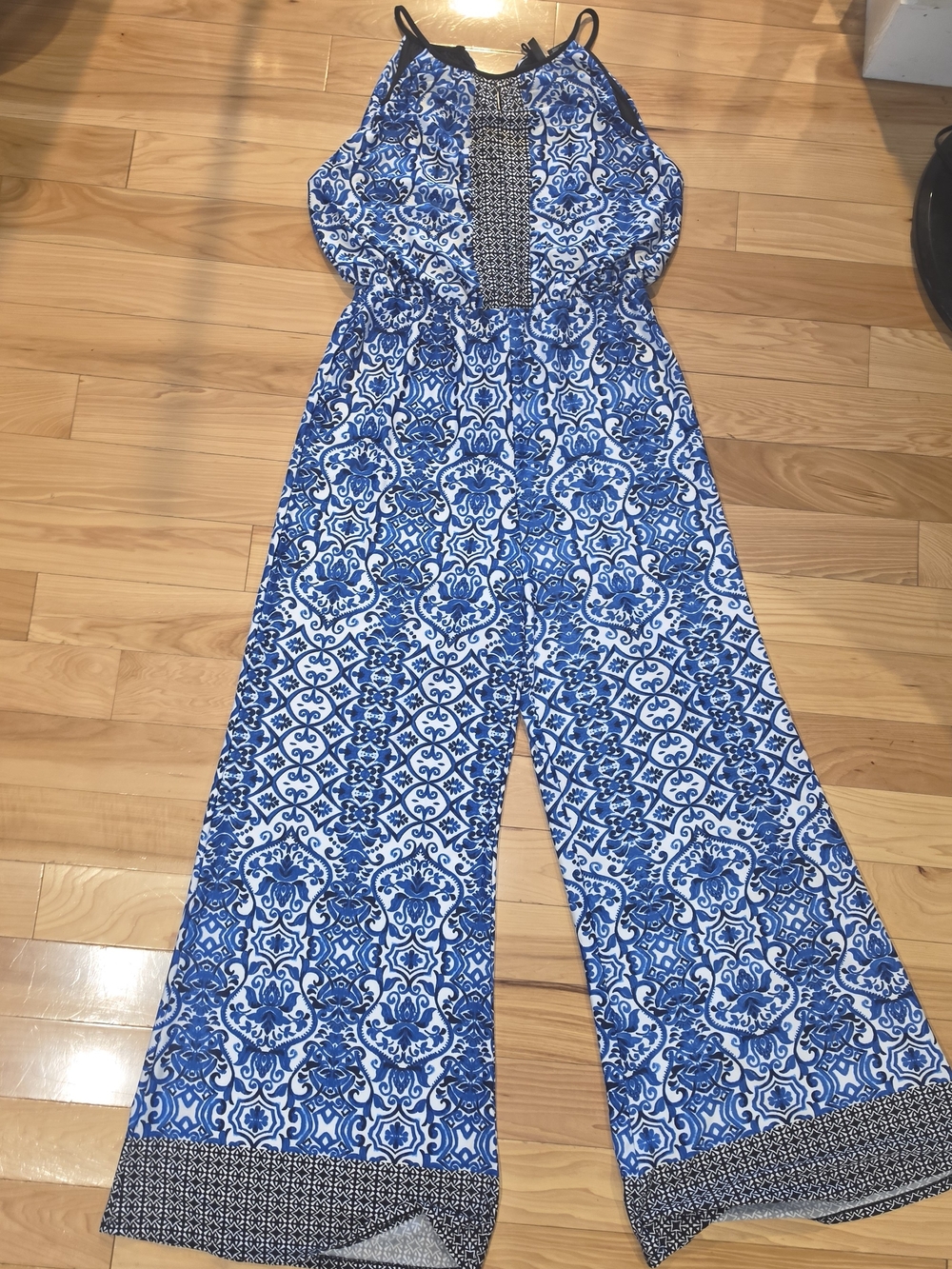 new directions Blue and White Printed Halter Jumpsuit